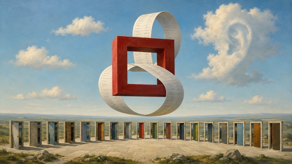 Surrealist painting: a printed receipt tape loops through an impossible red frame in a blue sky; a cloud shaped like an ear listens above a ring of eighteen open doors on a stone plaza.